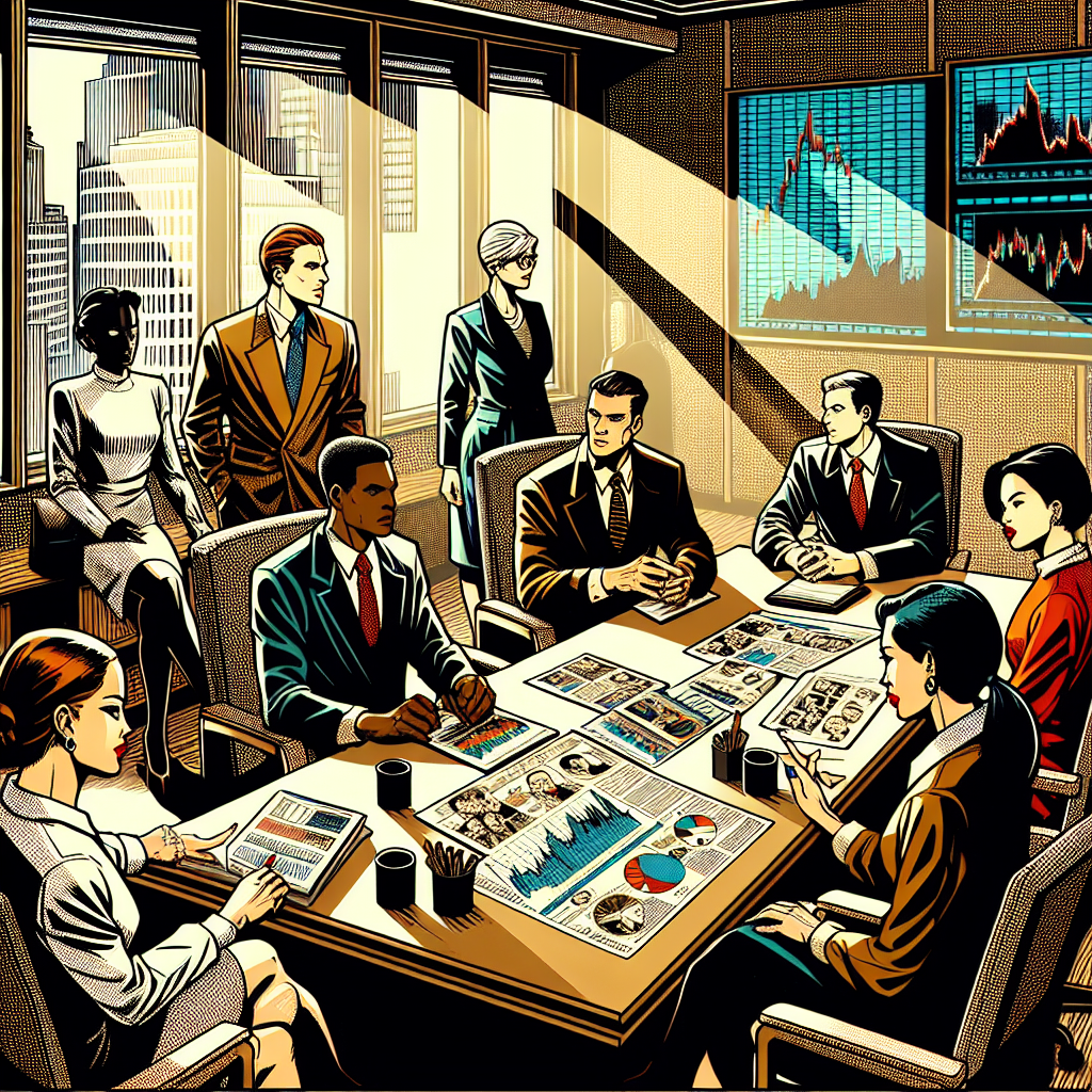 1990년대 미국 만화책 잉크 스타일 일러스트로, 인물들이 사무실에서 주식 차트를 검토하거나 비즈니스 거래를 하며 한국과 미국 의료보험 차이 주제로 토론하는 장면