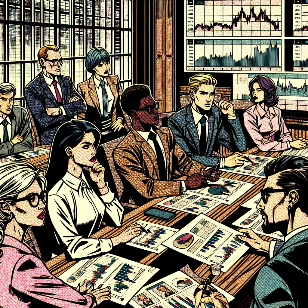 1990년대 미국 만화책 잉크 스타일 일러스트로, 증권 차트를 검토하고 사업 협상을 진행하며 시장 핵심 요약 정보를 논의하는 인물들이 사무실에서 자신감 있는 포즈를 취하는 모습