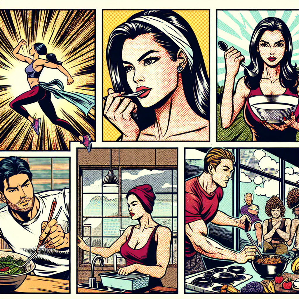 1990년대 미국 만화책 잉크 스타일 일러스트로, 집이나 체육관에서 건강 루틴을 실천하며 운동하거나 건강식을 준비하는 인물들의 역동적인 모습과 강렬한 잉크 선, 음영이 표현된 장면