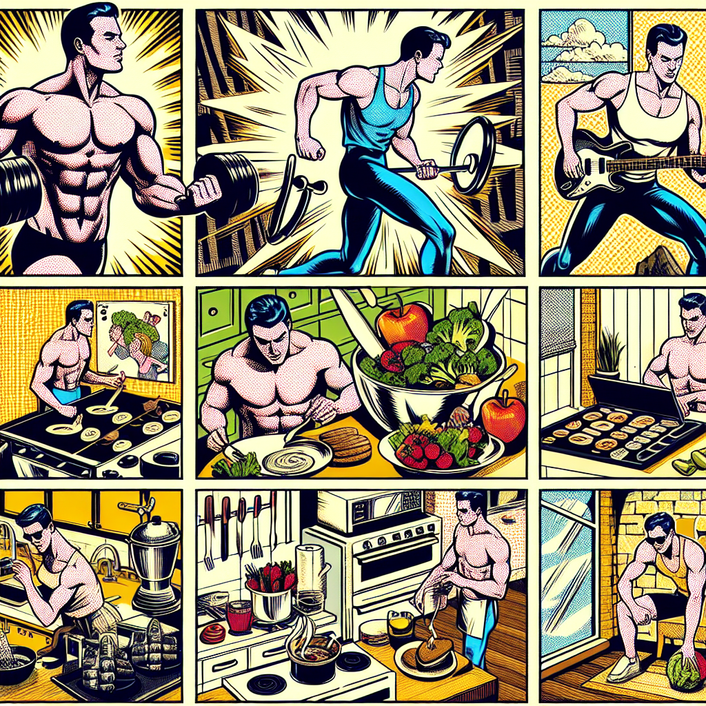 A dynamic scene illustrated in 1990s American comic-book ink style showing characters exercising or preparing healthy meals at home or in a gym, with bold ink lines and dramatic shading.