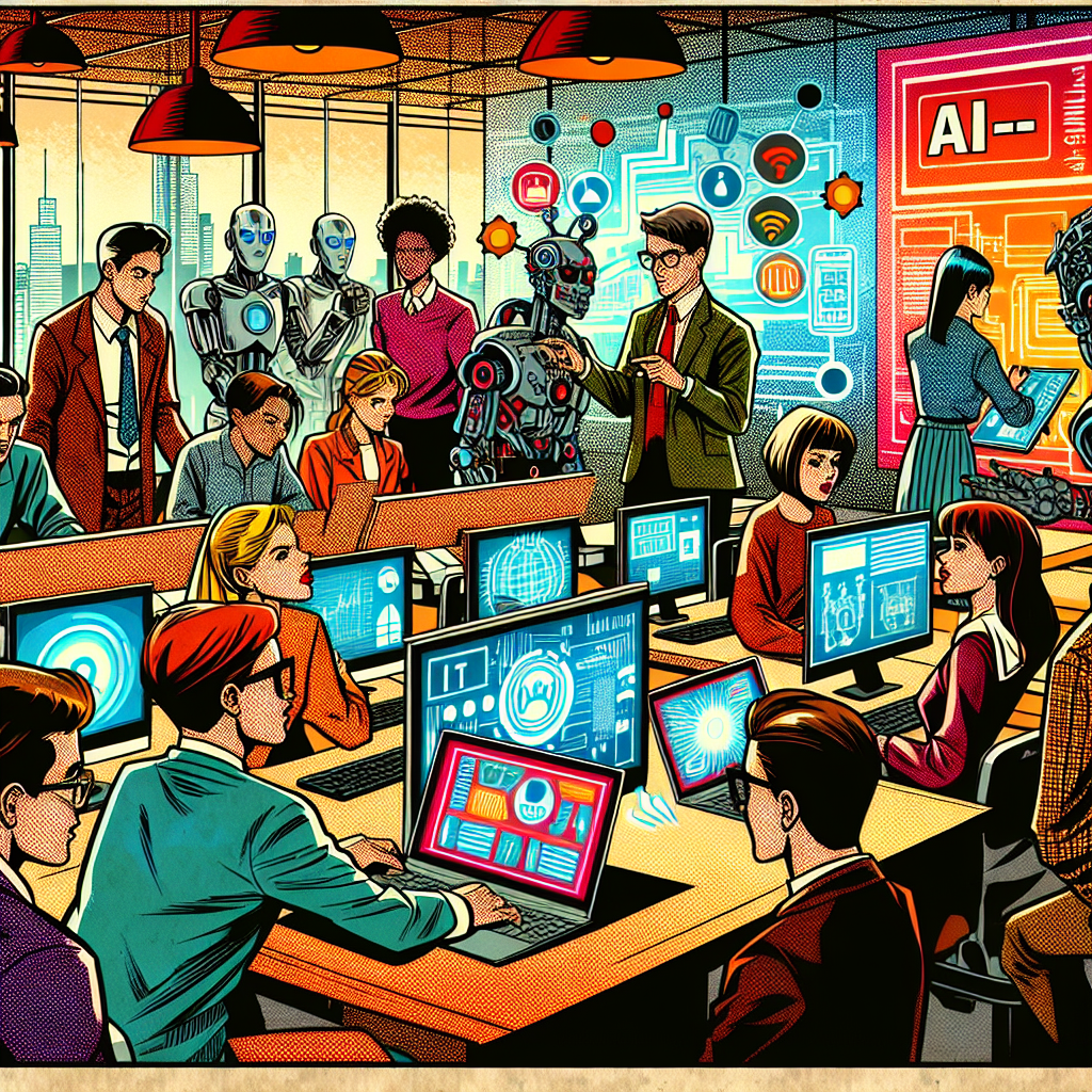 1990년대 미국 만화책 잉크 스타일 일러스트, 현대 사무실이나 학교에서 컴퓨터, 태블릿, 기술 기기를 사용하는 인물들이 AI와 IT 기술 동향에 대해 활발히 토론하는 장면