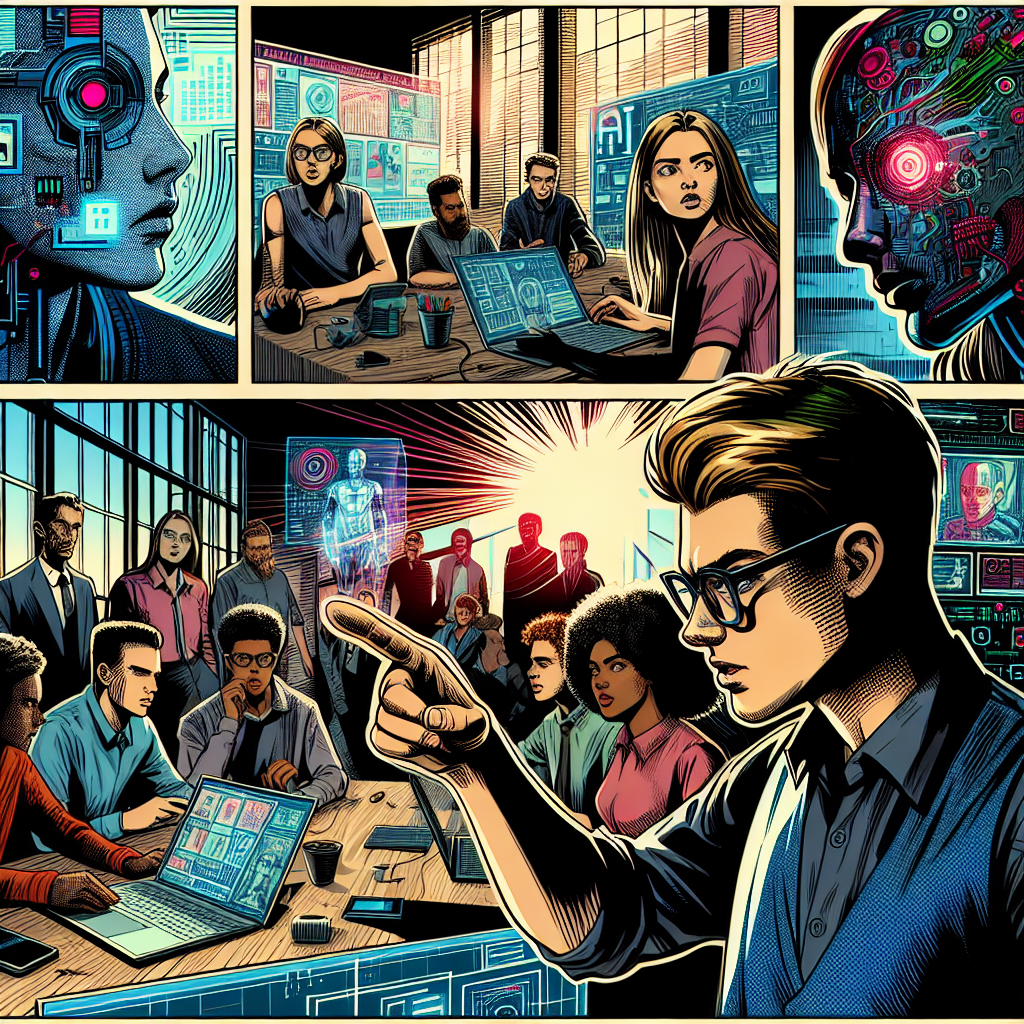 1990s American comic-book ink style illustration showing characters using computers, tablets, and tech gadgets in a modern office or school actively discussing AI and IT technology trends