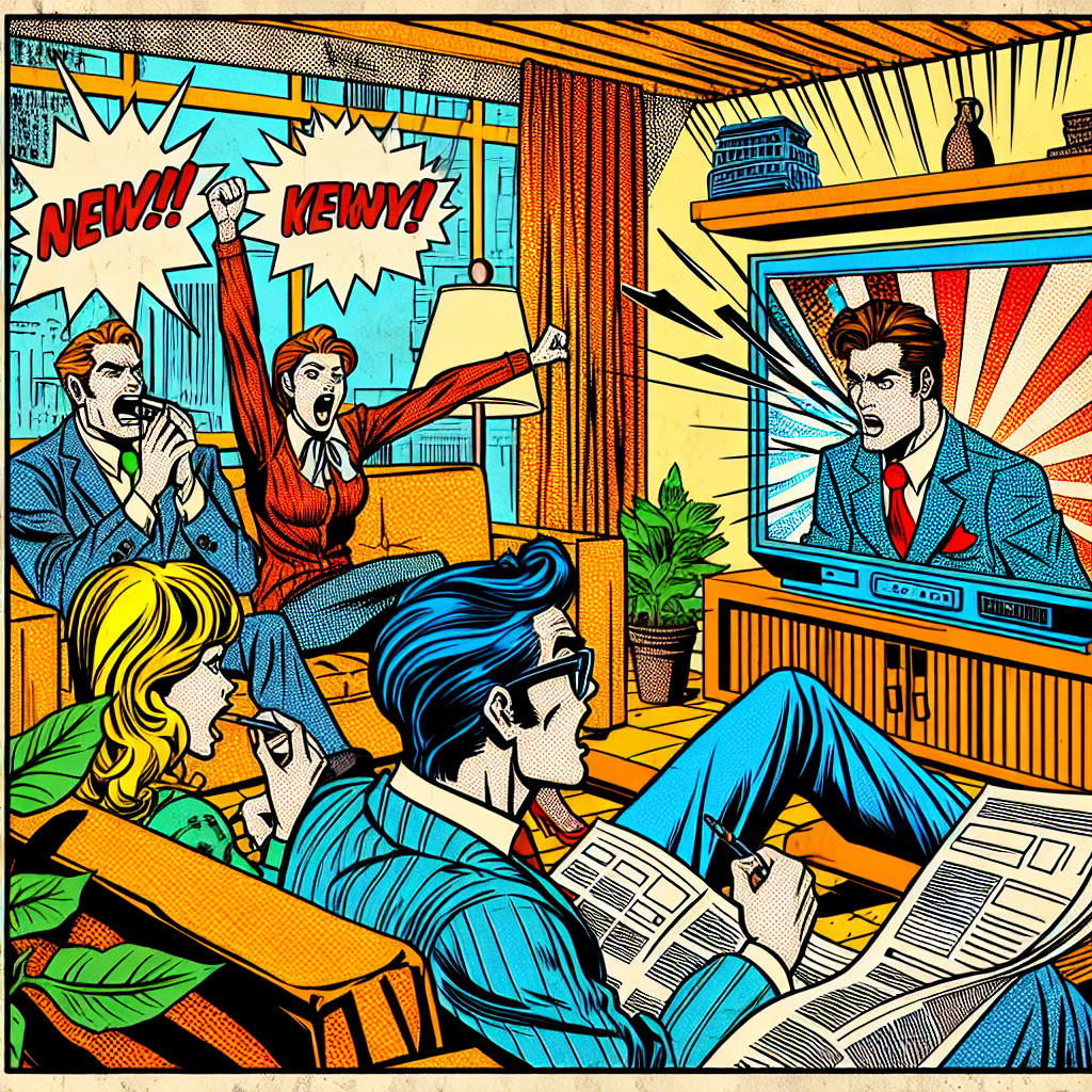 1990년대 미국 만화책 잉크 스타일의 일러스트로, 아침 뉴스나 오늘 한국 연예 트렌드를 토론하는 인물들이 아늑한 거실에서 대화를 나누는 장면을 묘사함