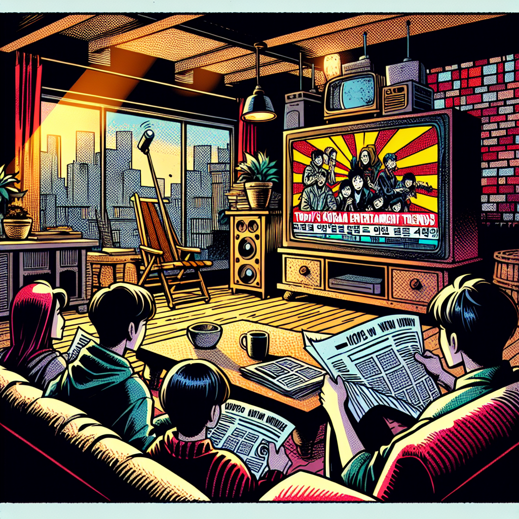 Illustration in 1990s American comic-book ink style depicting characters in a cozy living room discussing the morning news or today's Korean entertainment trends