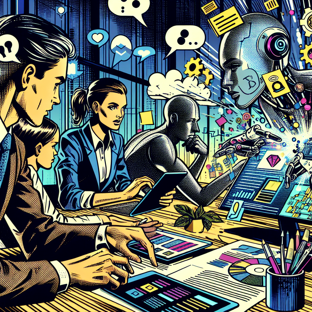 1990년대 미국 만화책 잉크 스타일로 그려진 일러스트. 현대 사무실이나 학교에서 컴퓨터, 태블릿, 기술 기기를 사용하는 인물들이 AI와 기술에 대해 토론하는 장면. 역동적인 구도와 강한 잉크 윤곽, 교차 음영, 선명한 색채, 인상적인 표정이 돋보임.