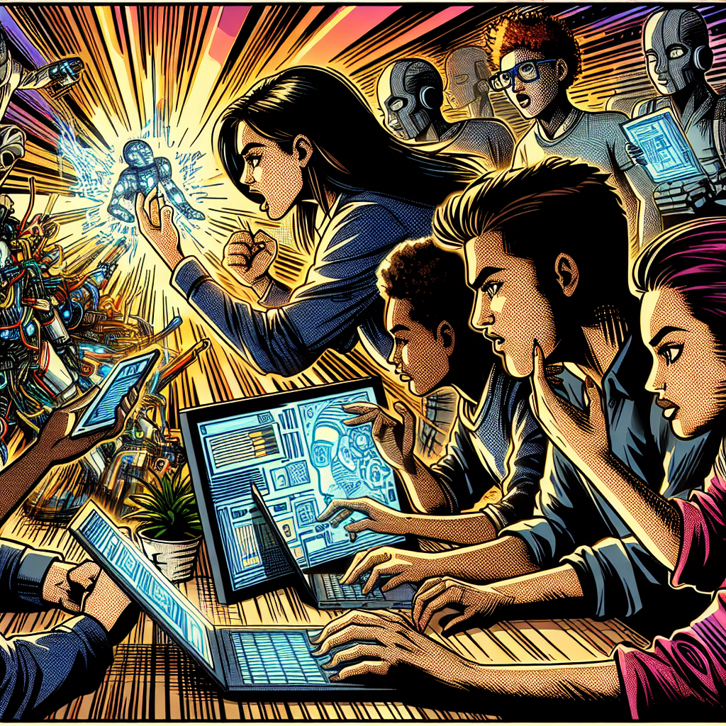 Illustration in 1990s American comic-book ink style. Scene of characters using computers, tablets, and tech gadgets in a modern office or school discussing AI and technology. Features dynamic composition, strong ink outlines, cross-hatching, vivid colors, and expressive faces.