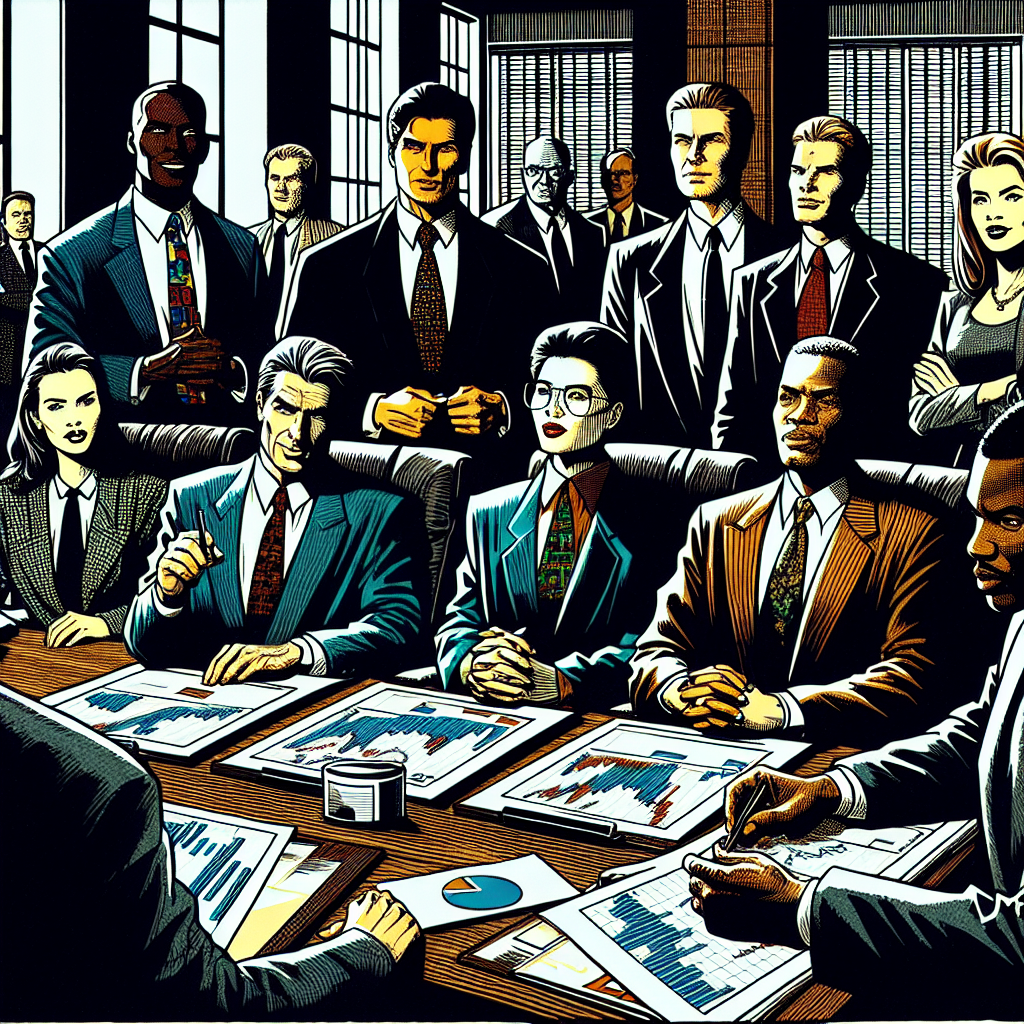 1990년대 미국 만화책 잉크 스타일로 그려진 주식 차트 검토와 시장 뉴스 토론 장면의 일러스트