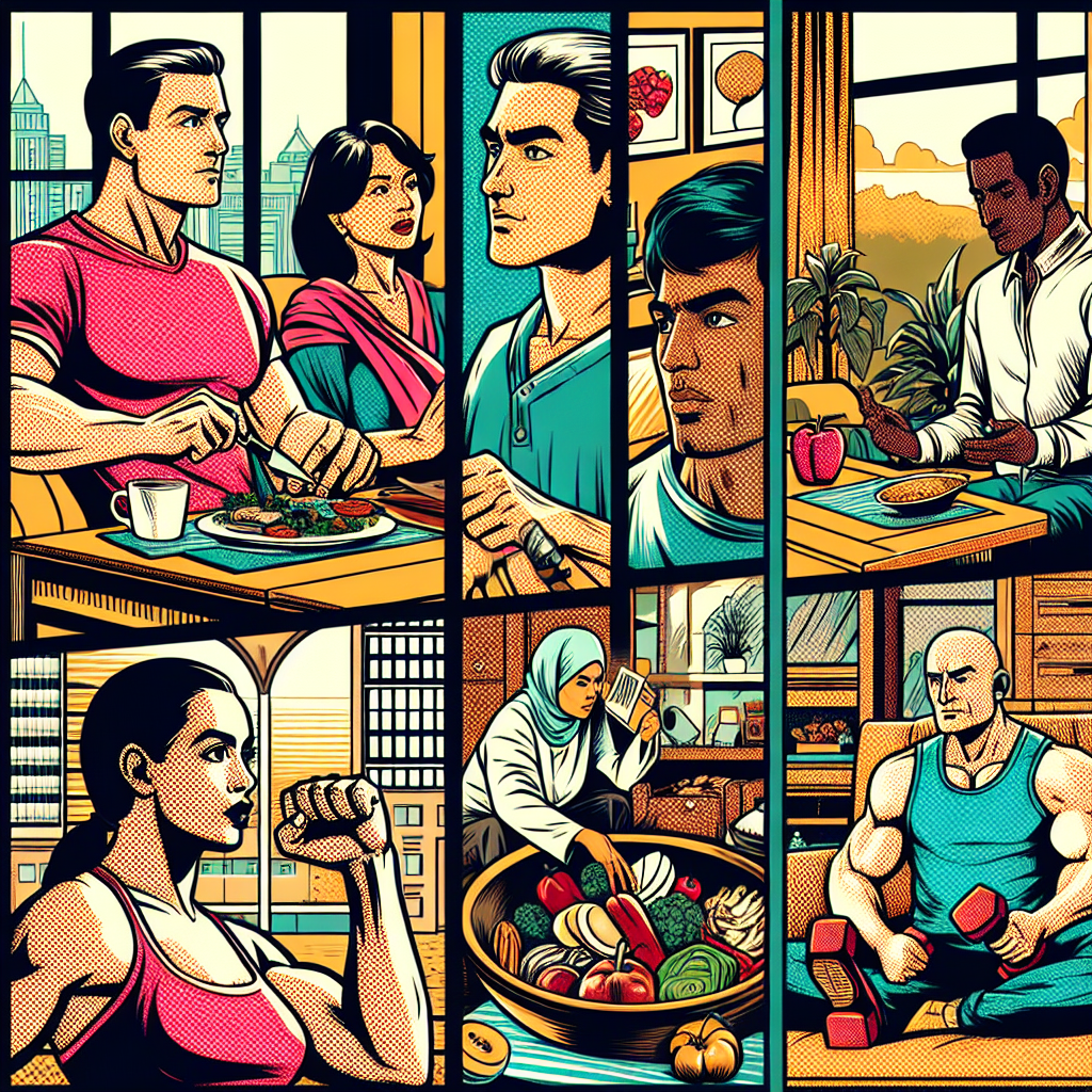 1990년대 미국 만화책 잉크 스타일로 그려진 건강 루틴을 실천하는 인물들의 모습. 집이나 체육관에서 운동하고 건강한 음식을 요리하며 휴식하는 장면을 표현.