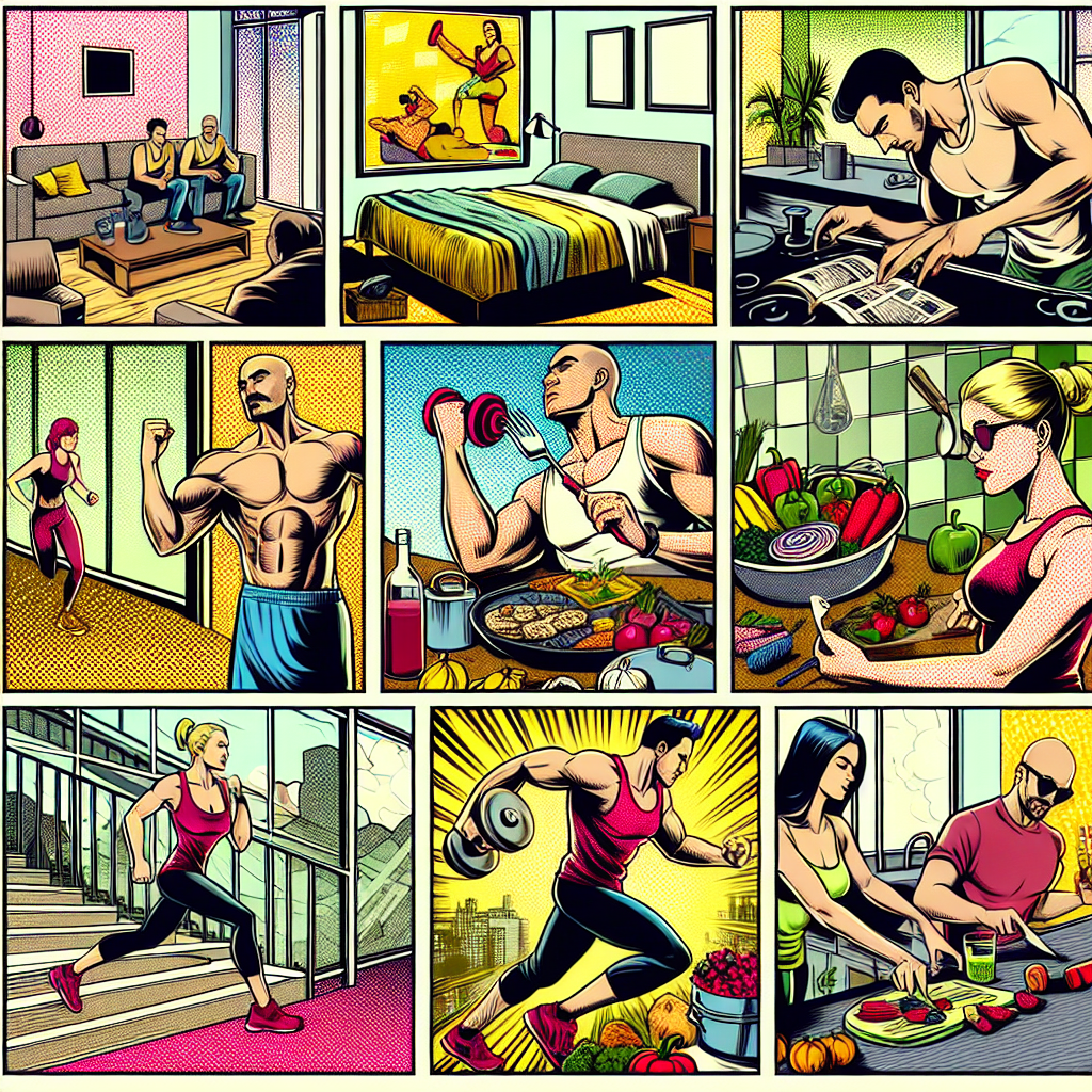 Characters practicing a health routine illustrated in 1990s American comic book ink style. Scenes show exercising, cooking healthy meals, and resting at home or in a gym.