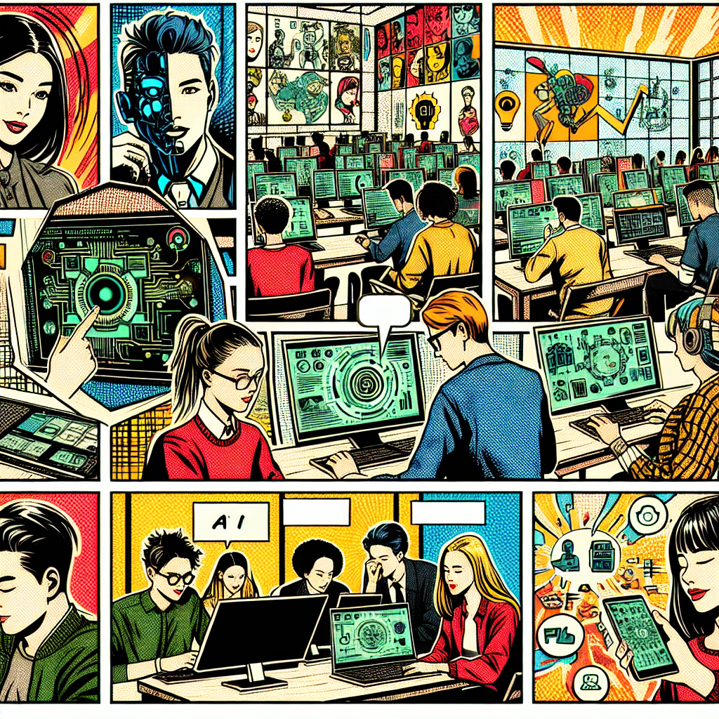 1990년대 미국 만화책 잉크 스타일 일러스트: 현대 사무실 또는 학교에서 컴퓨터, 태블릿, 기술 기기를 사용하며 AI와 IT 기술 동향에 대해 토론하는 인물들의 역동적이고 강렬한 표정과 조명 표현