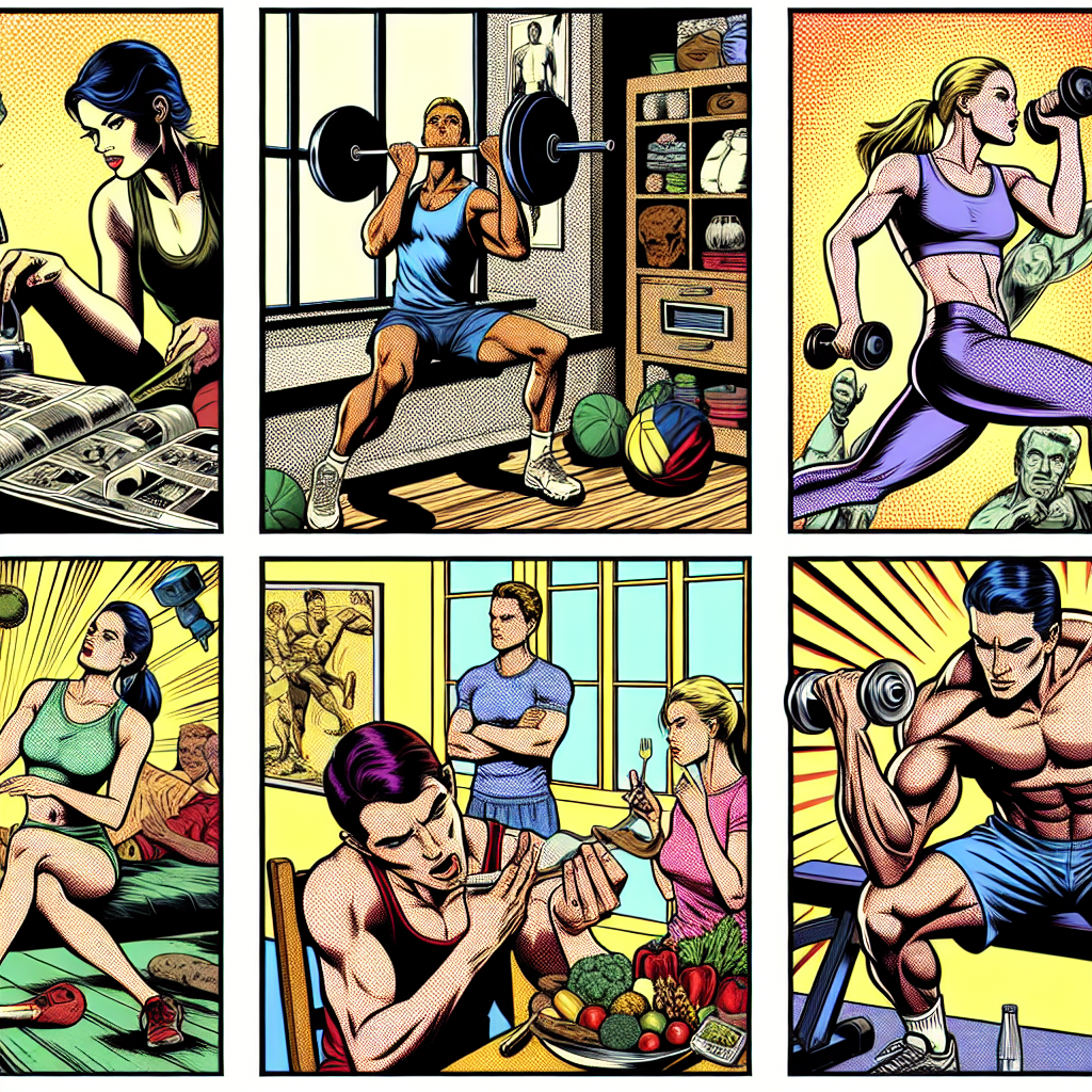1990년대 미국 만화 잉크 스타일 일러스트: 집이나 체육관에서 건강 루틴을 실천하며 운동하거나 건강식을 준비하는 인물들의 역동적인 모습