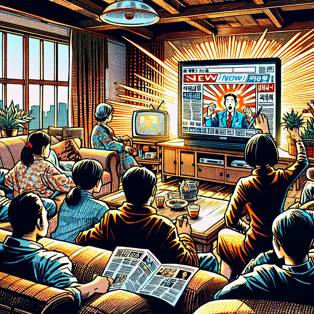 1990년대 미국 만화책 잉크 스타일의 일러스트로, 아침 뉴스와 오늘 한국 연예 트렌드를 토론하는 인물들이 아늑한 거실에서 대화하는 장면을 표현함