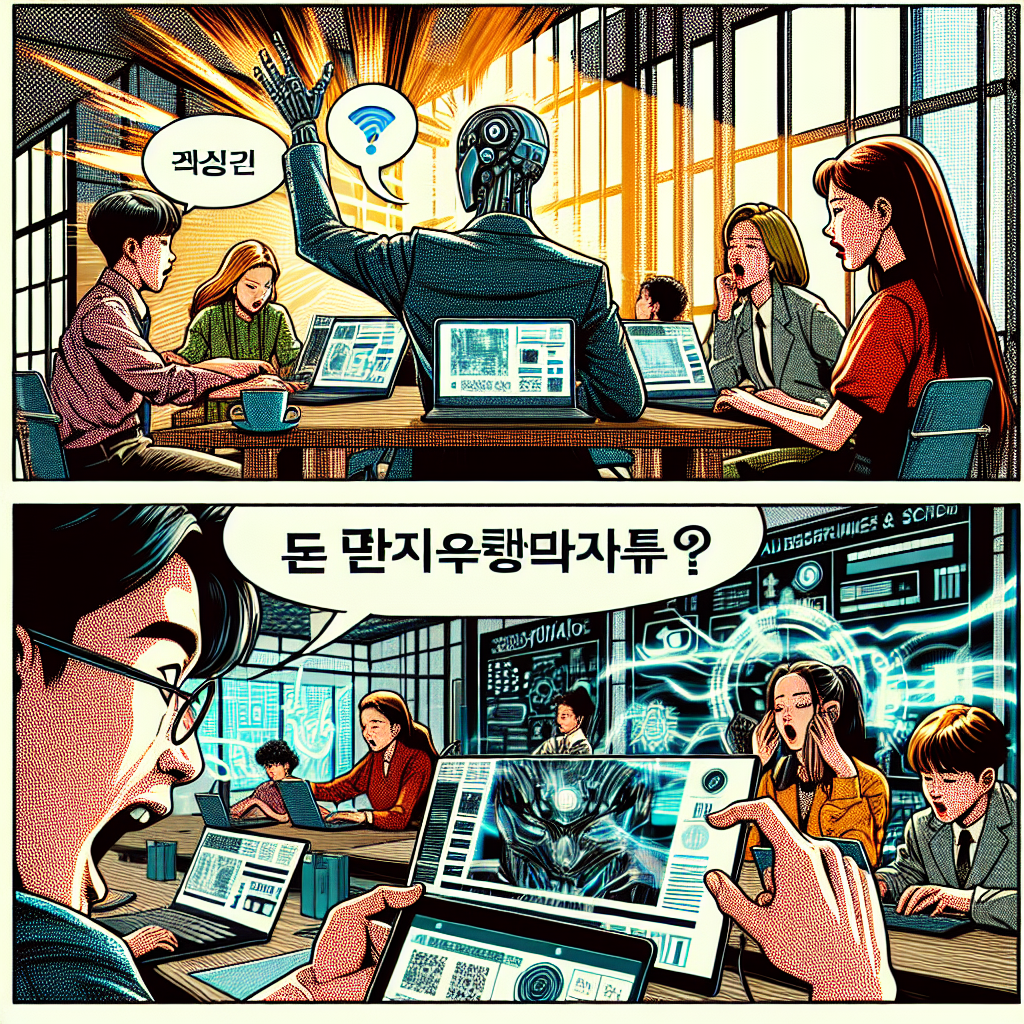 1990년대 미국 만화책 잉크 스타일 일러스트로, 현대 사무실이나 학교에서 컴퓨터와 태블릿, 기술 기기를 사용하는 인물들이 AI와 IT 기술 동향에 대해 활발히 토론하는 장면
