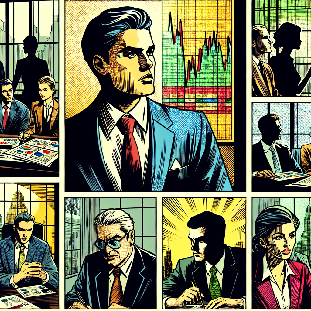 1990년대 미국 만화책 잉크 스타일로 그려진 증권 차트를 검토하고 시장 뉴스를 논의하는 인물들의 모습